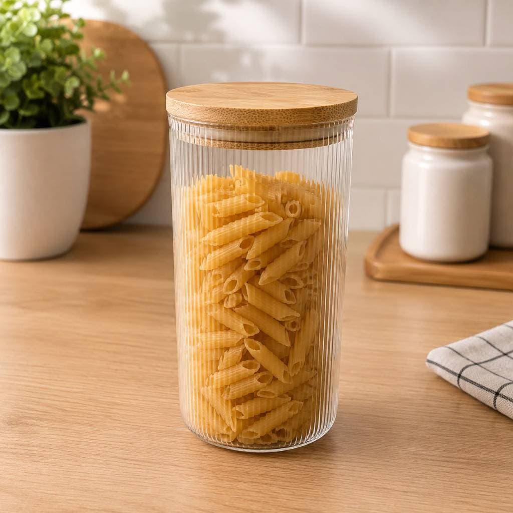 Pote Vidro Borossilicato 1,4L Tampa Bambu Hermético Porta Mantimentos Alimentos Cozinha Listrado