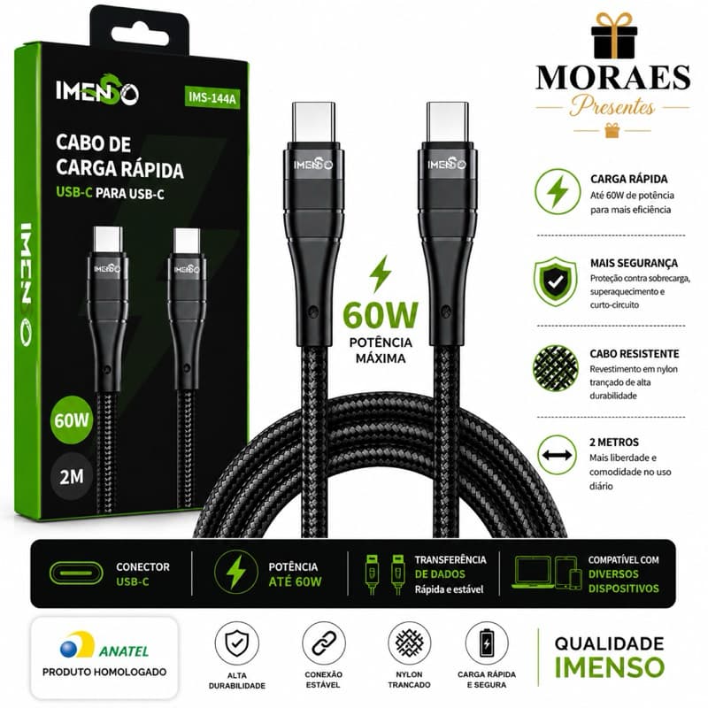 Cabo USB-C, Cabo Tipo C, Cabo 60W, Carregamento Rápido, Cabo Original IMENSO, Cabo USB-C 2 Metros,