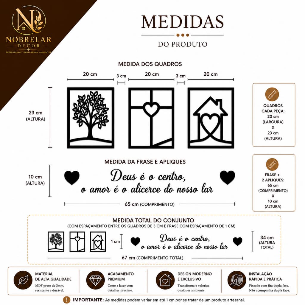 Kit 3 Quadros Decorativos Frase Deus é o centro MDF 3mm Preto Parede Sala Quarto Decoração Ambientes