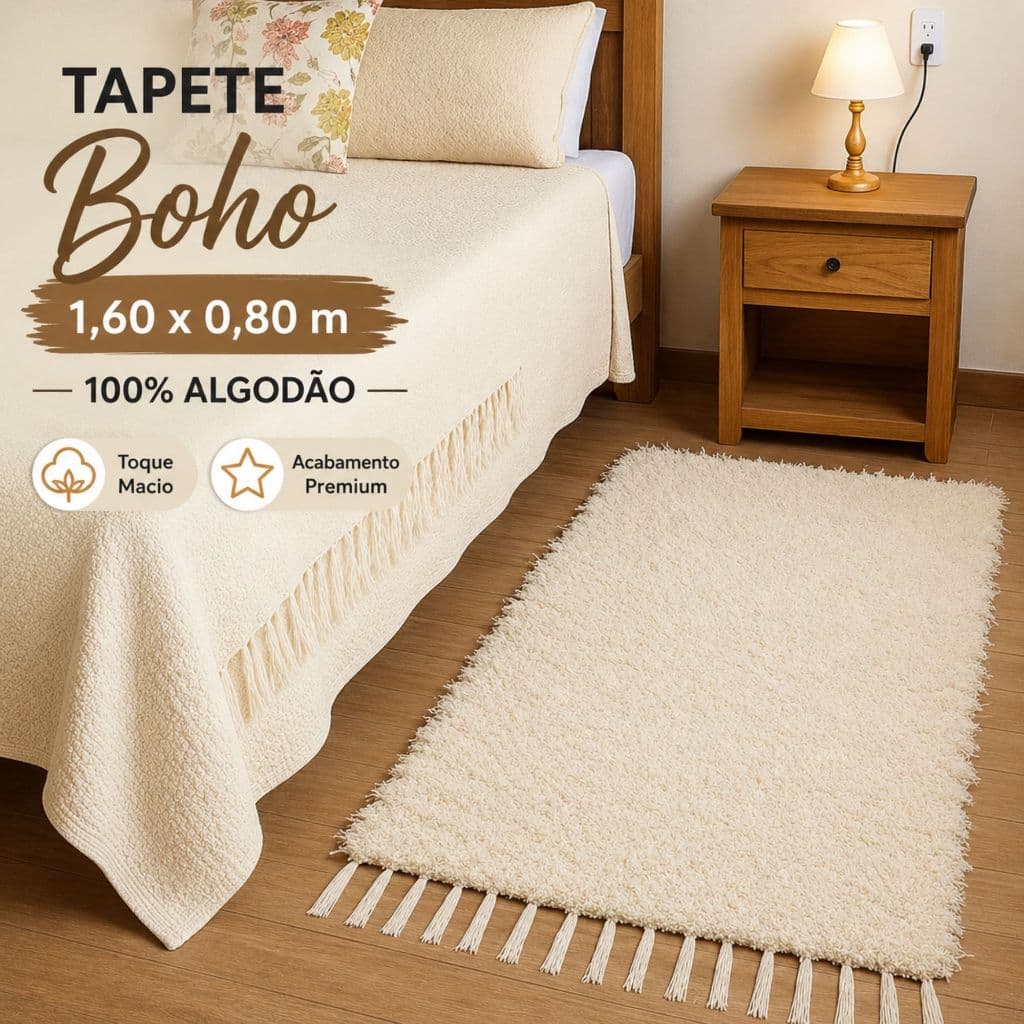 Tapete Sala e Quarto Boho 1,60x0,80 Algodão Cru Artesanal