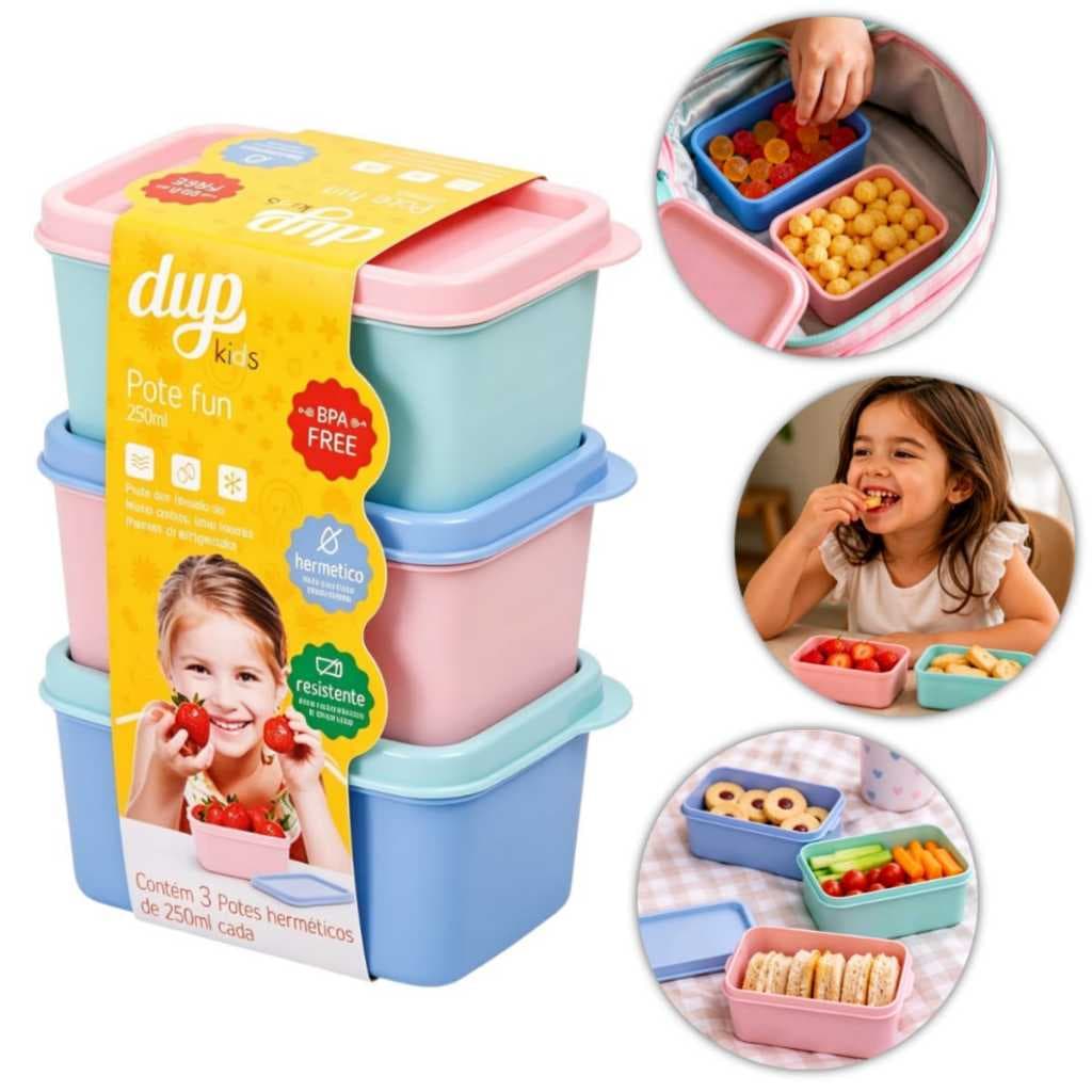 Kit 3 Potes Herméticos DUP Kids 250ml Plástico Lancheira Marmita