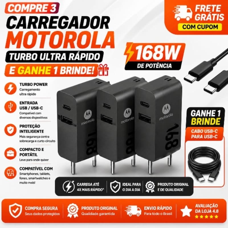 Carregador Turbo Motorola USB /Tipo C 168W compre  3 Ganhe Brinde Especial