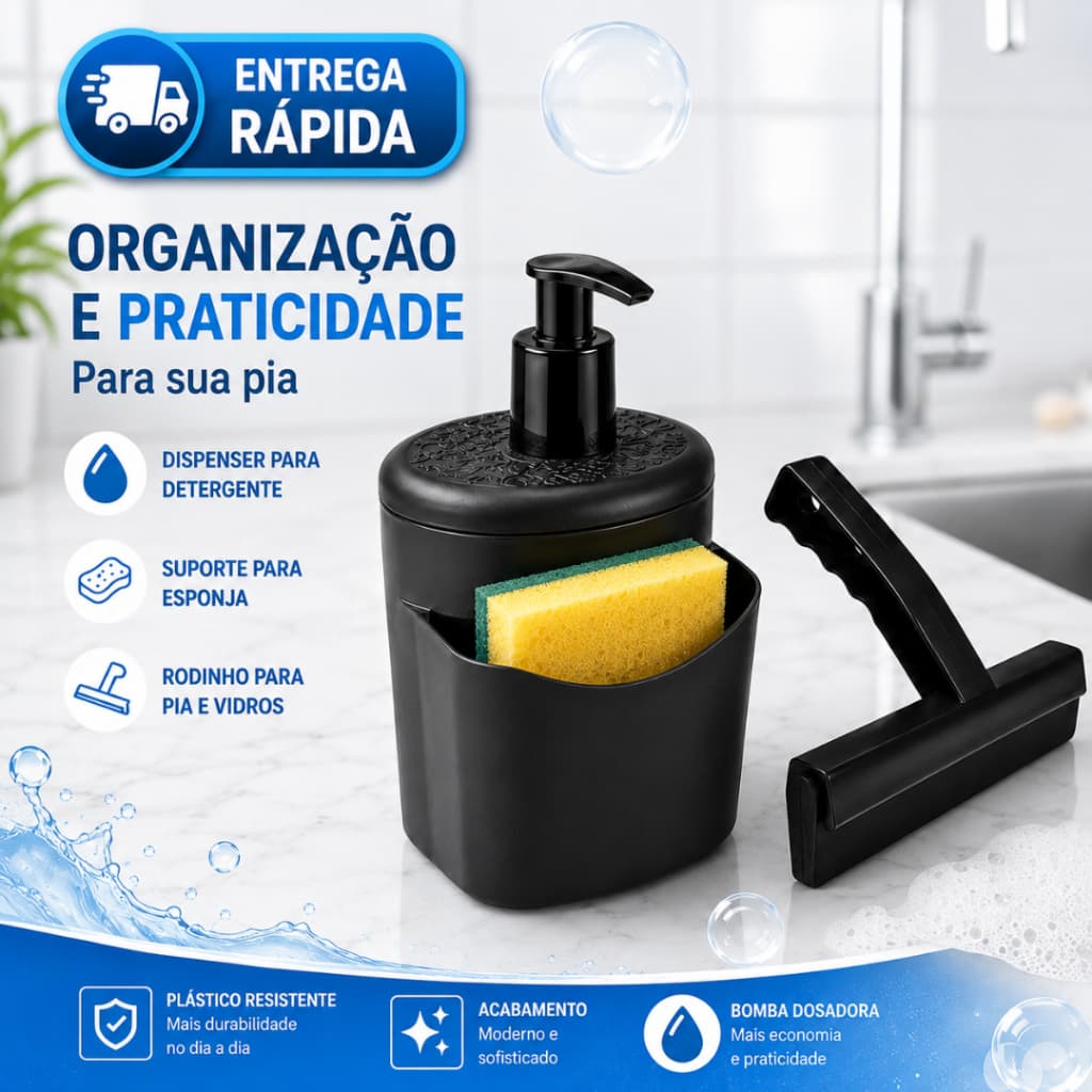 Porta Detergente 2 em 1 Sabão Dispenser Com Suporte Para Bucha Esponja e Rodo