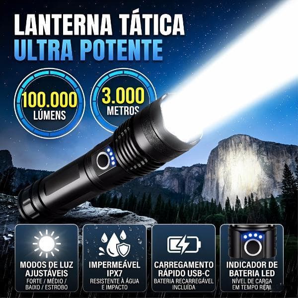 Lanterna Potente LED 1200 Lumens – Para Acampamento e Emergência, Recarregável