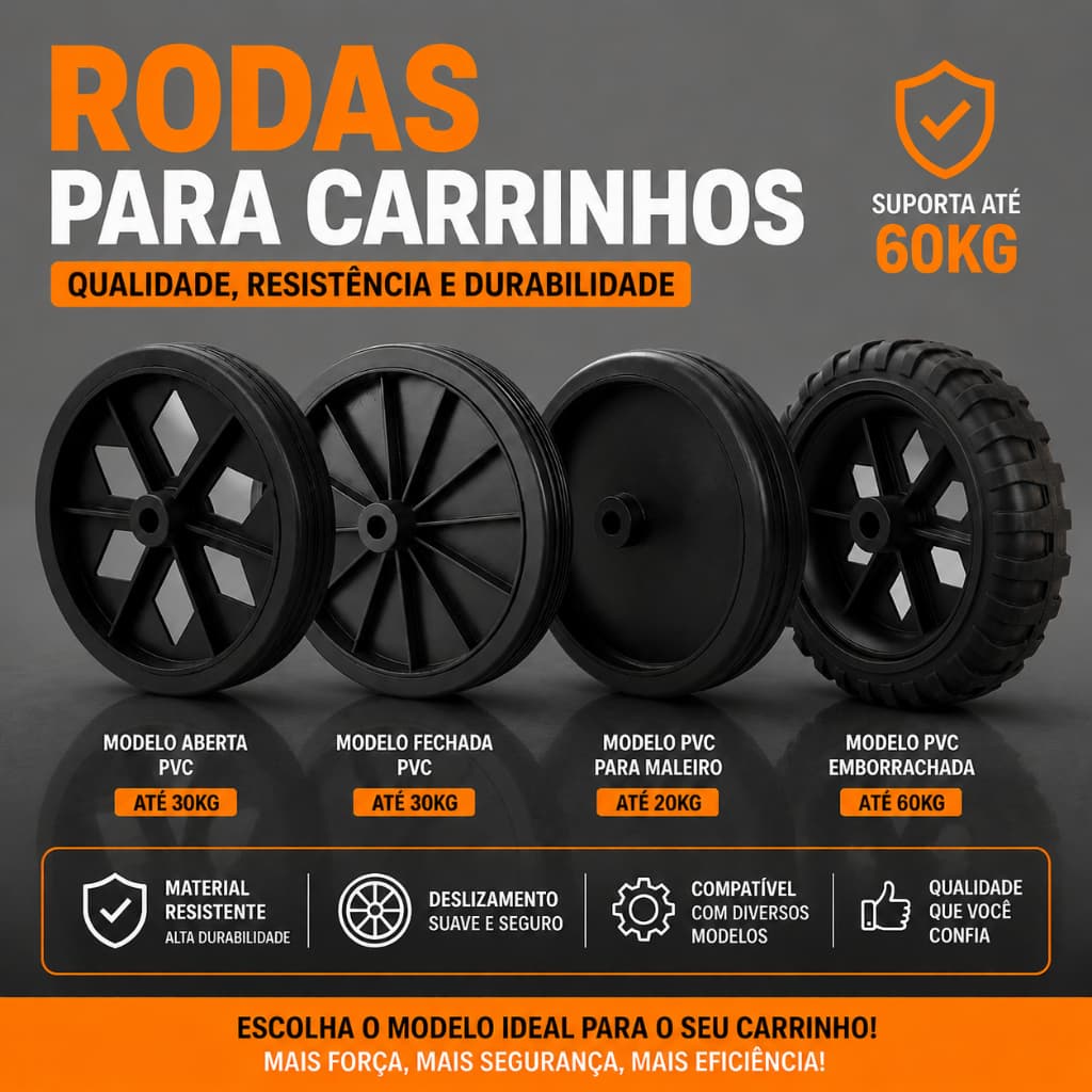 Par de Rodas até 60Kg Reforçadas para Carrinhos de Mão Feira Compras Cargas Par de Rodinhas Kaori Aberta Fechada PVC
