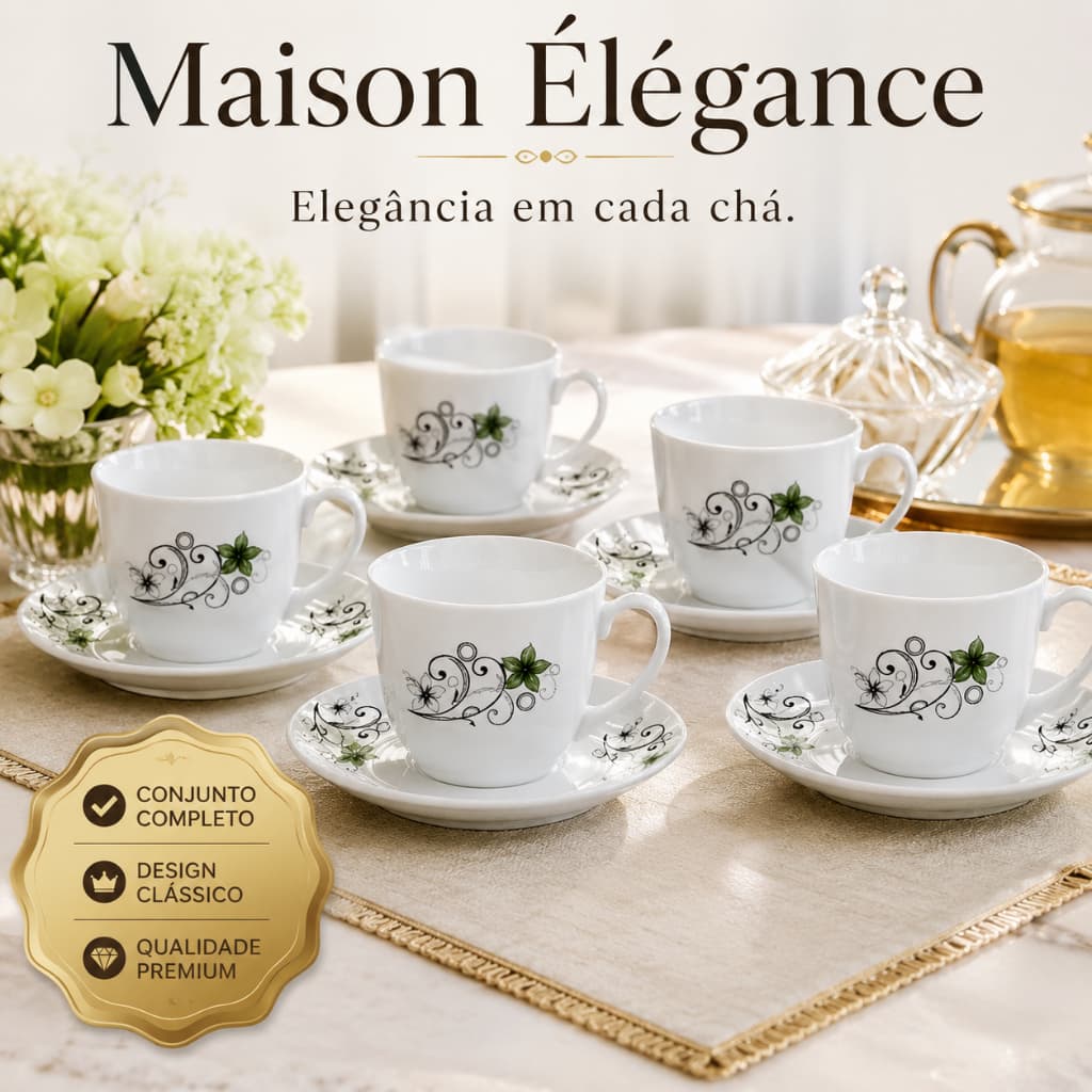 Jogo de Xícaras para Chá 6 Xícaras 6 Pires Branco Decorado Conjunto Elegante Maison Élégance