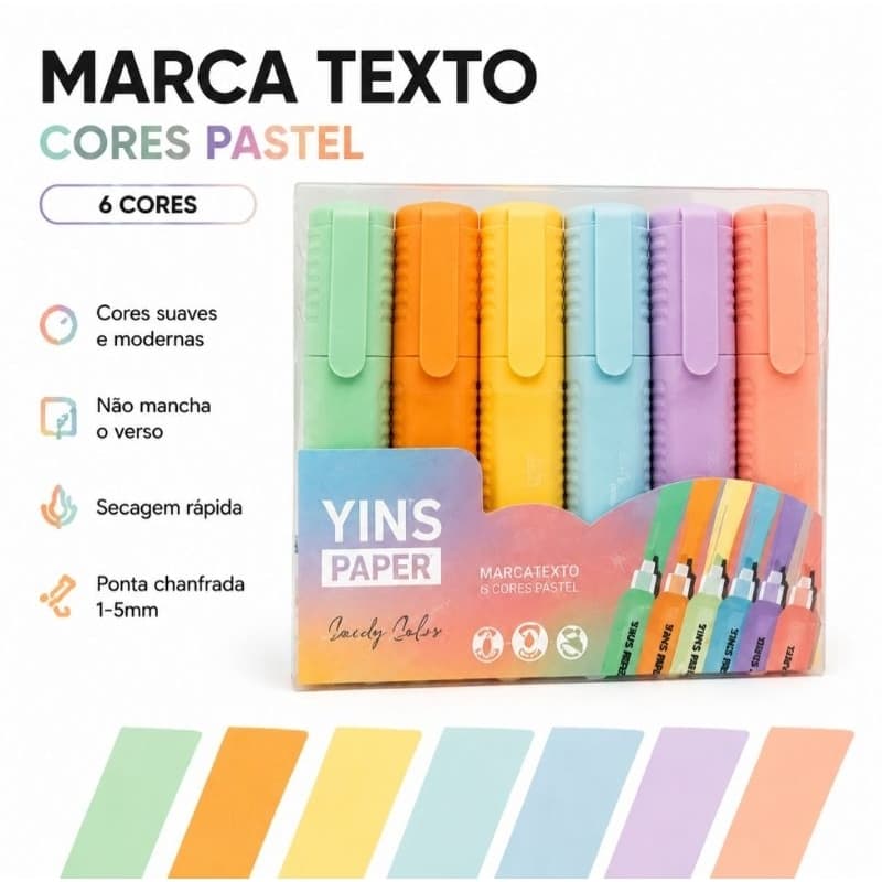 Kit 6 Marca Texto Pastel Ponta Chanfrada 1-5mm para Estudo e Escritório