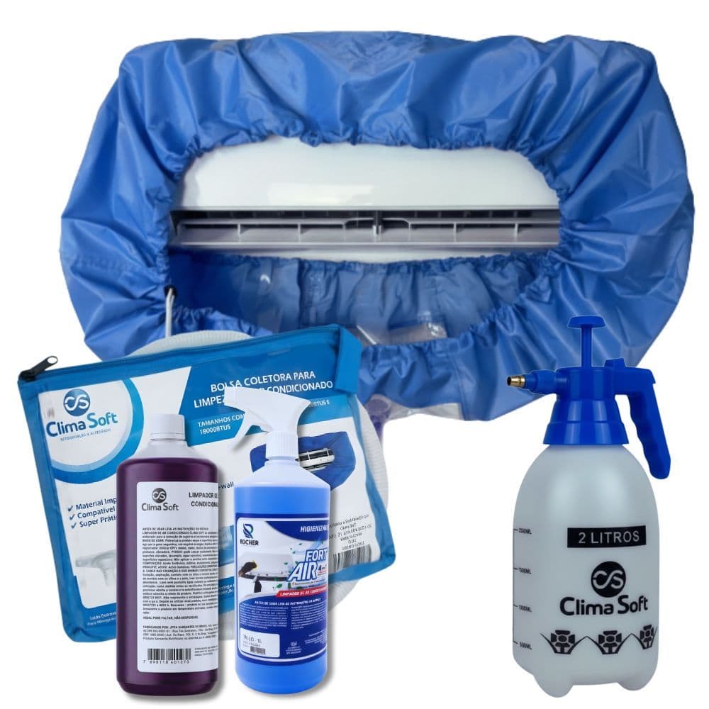 Kit Limpeza Ar Condicionado Bolsa Coletora 9 a 18 mil BTUs + Bactericida + Polish + Pulverizador 2L