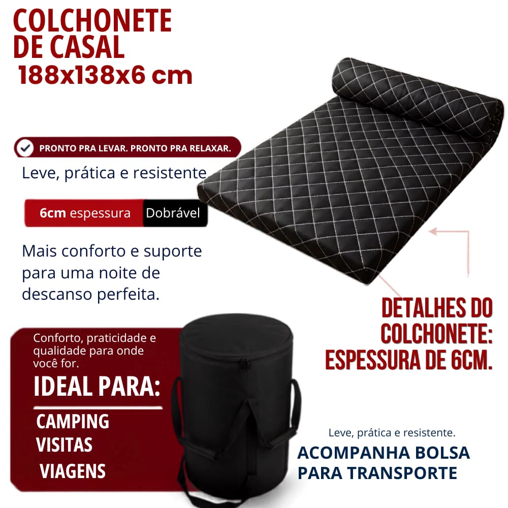 Colchonete de Casal 188x65x6 cm Tecido Poliéster Macio Espuma D28 Acompanha BOLSA Para Transporte