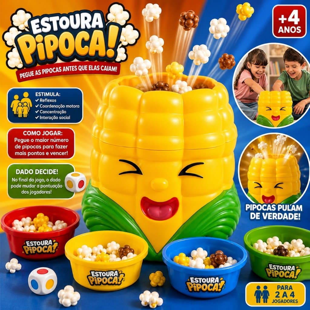 Jogo Estoura Pipoca Infantil Interativo com Dado para 2 a 4 Jogadores Brinquedo Educativo