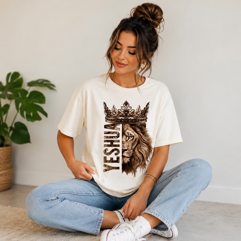 Camiseta T-Shirt Feminina Oversize Blusa Cristã Evangélica Yeshua Leão da Tribo de Judá 100% Algodão Premium