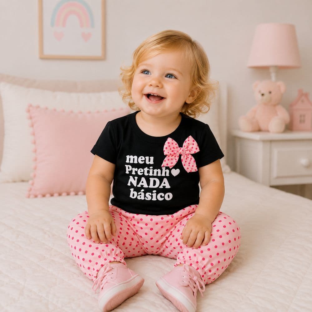 Conjunto Blusa + Calça Bebê Menina Infantil Meu Pretinho Nada Básico Tam P Veste 02 a 06 Meses