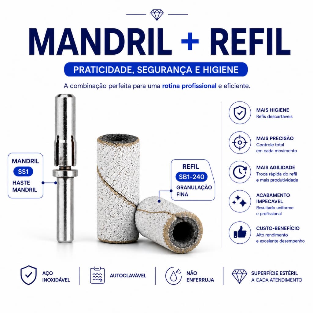 Mandril + Refil Bluwe | Suporte em Aço Inox + 50 Refis para Lixa Elétrica