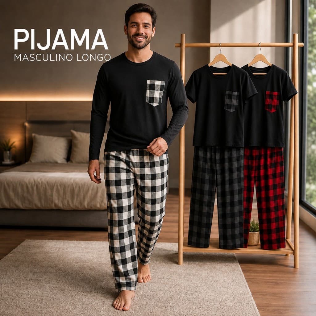 Pijama Masculino Longo Xadrez Algodão Conjunto Inverno Manga Curta Calça Longa Confortável Bolso