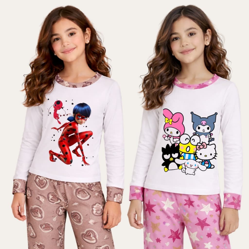 Kit 2 Conjuntos De Pijama De Frio Sortido Estampas Variadas Criança Feminina