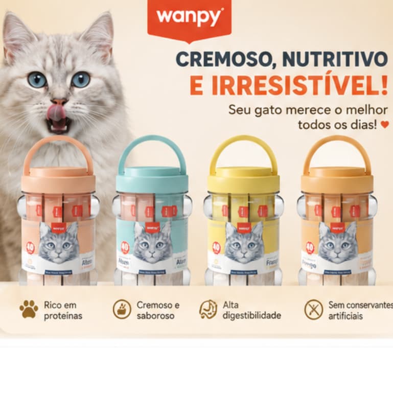 Petisco Cremoso Wanpy para Gatos Pote 40 Tubos 560g (14g x 40) | 4 Sabores: Frango | Frango & Caranguejo | Atum & Salmão