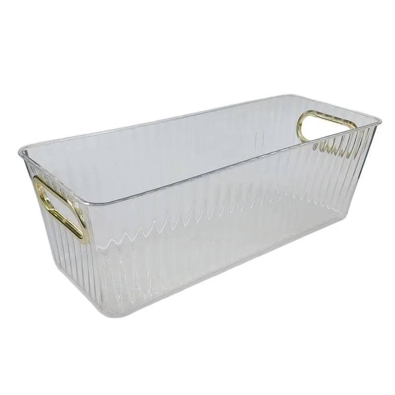 Caixa Organizadora Transparente com Alça Dourada | Cesto Organizador para Banheiro, Cozinha, Geladeira, Armário, Closet,