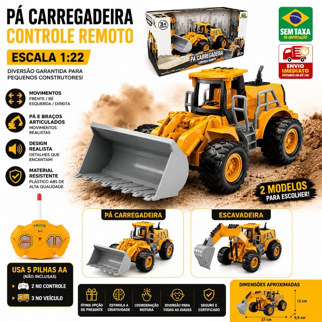 Escavadeira e Pá Carregadeira Controle Remoto 7 Funções 1:22 Trator Brinquedo Construção Brinquedo Infantil.