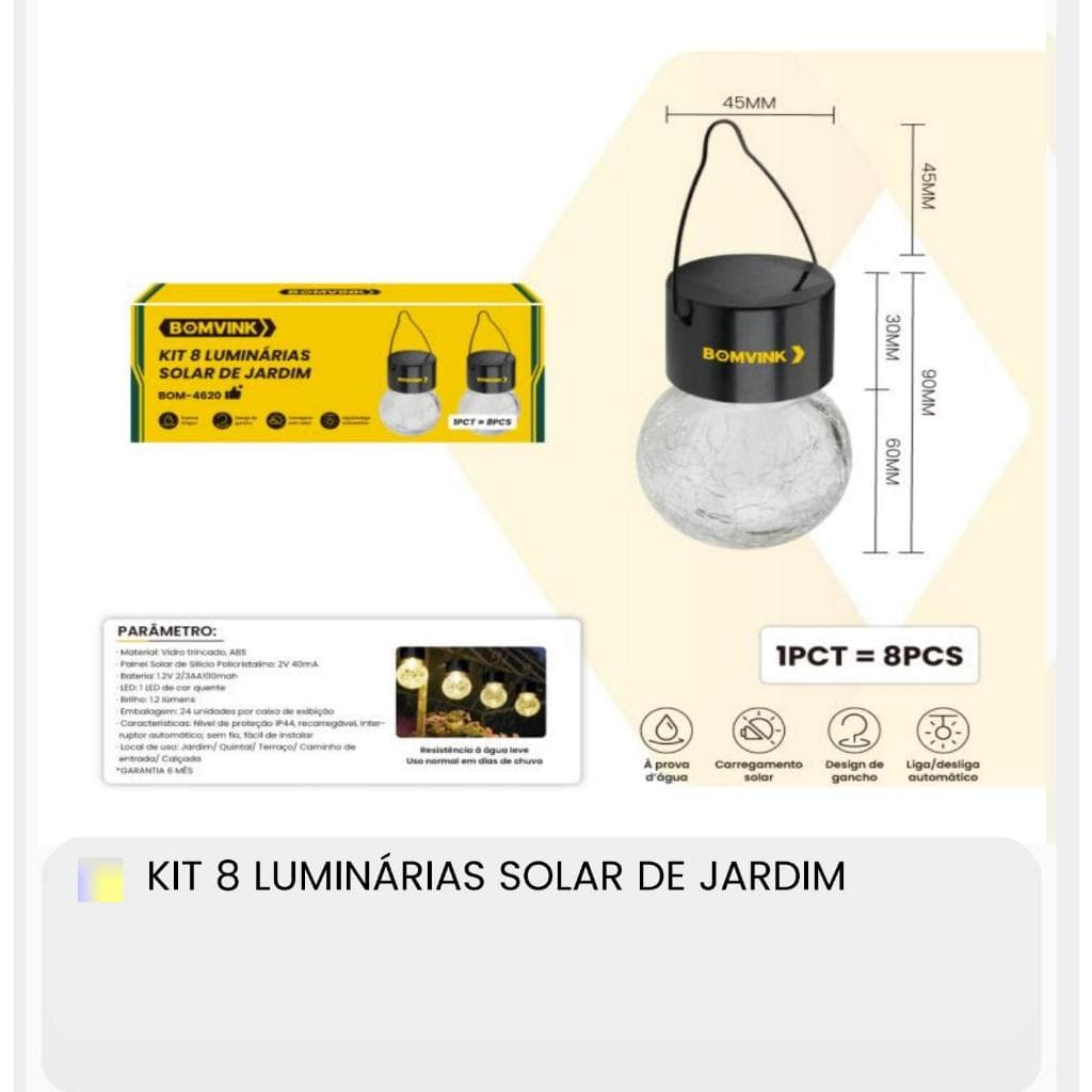 Kit com 8 Luminárias Solares Pendentes para Jardim À Prova D'Água
