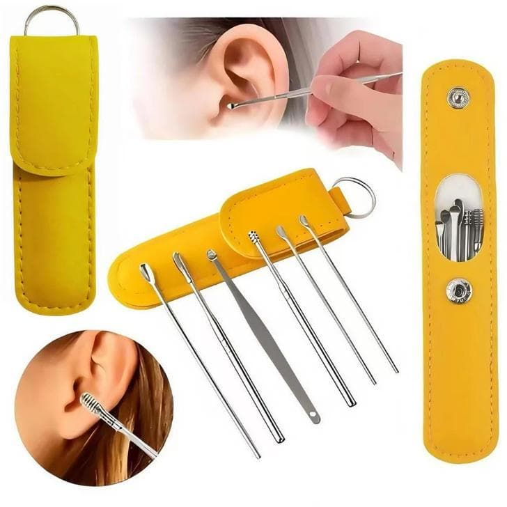 Kit de remoção de cera de ouvido de 6 peças em aço inoxidável, portátil e essencial para viagens.