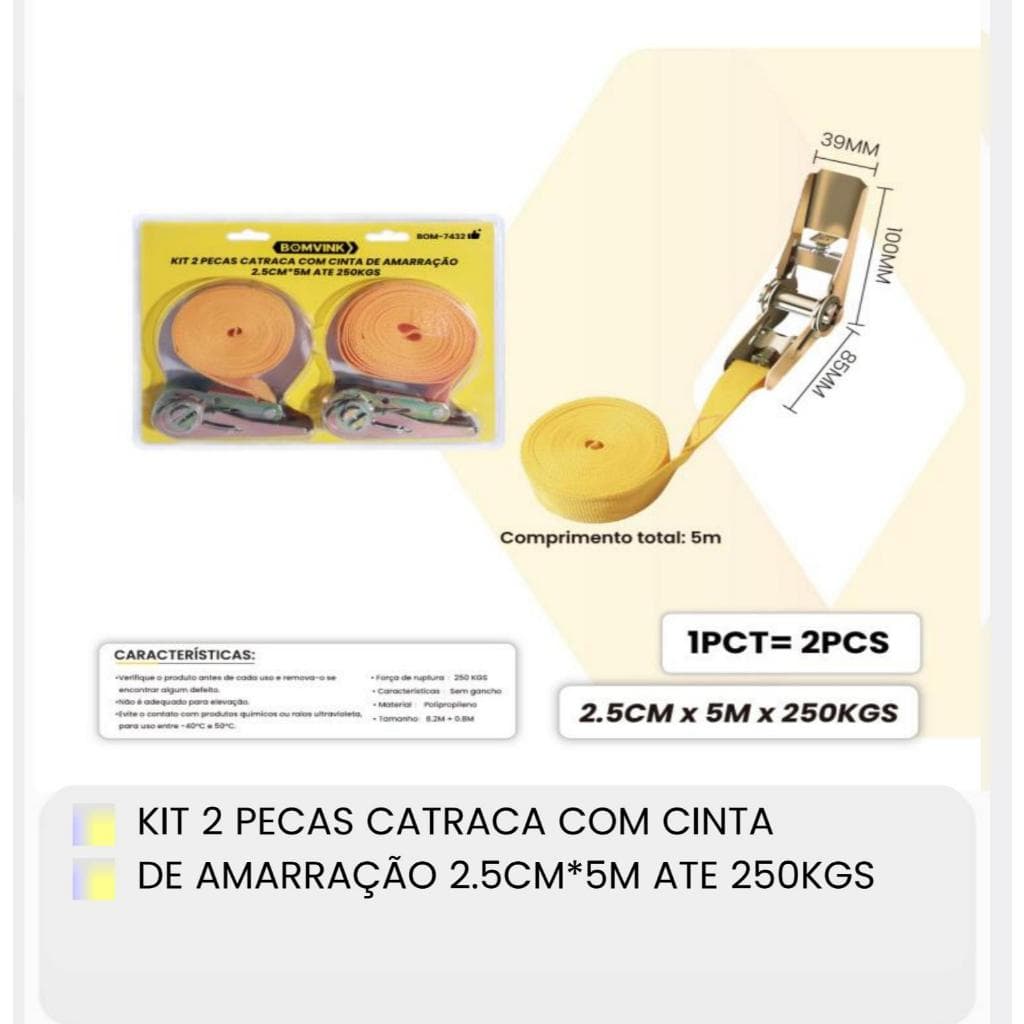 Kit 2 Peças Catraca com Cinta de Amarração 2.5cm x 5m 250kg Bomvink