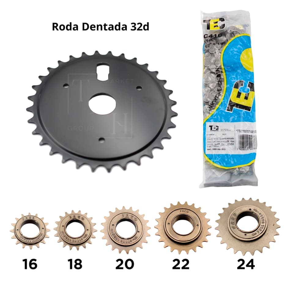 Kit Relação Bike Marcha Simples Coroa Roda Dentada 32d + Catraca Roda Livre 16 18 20 22 24d + Corrente 114 Elos