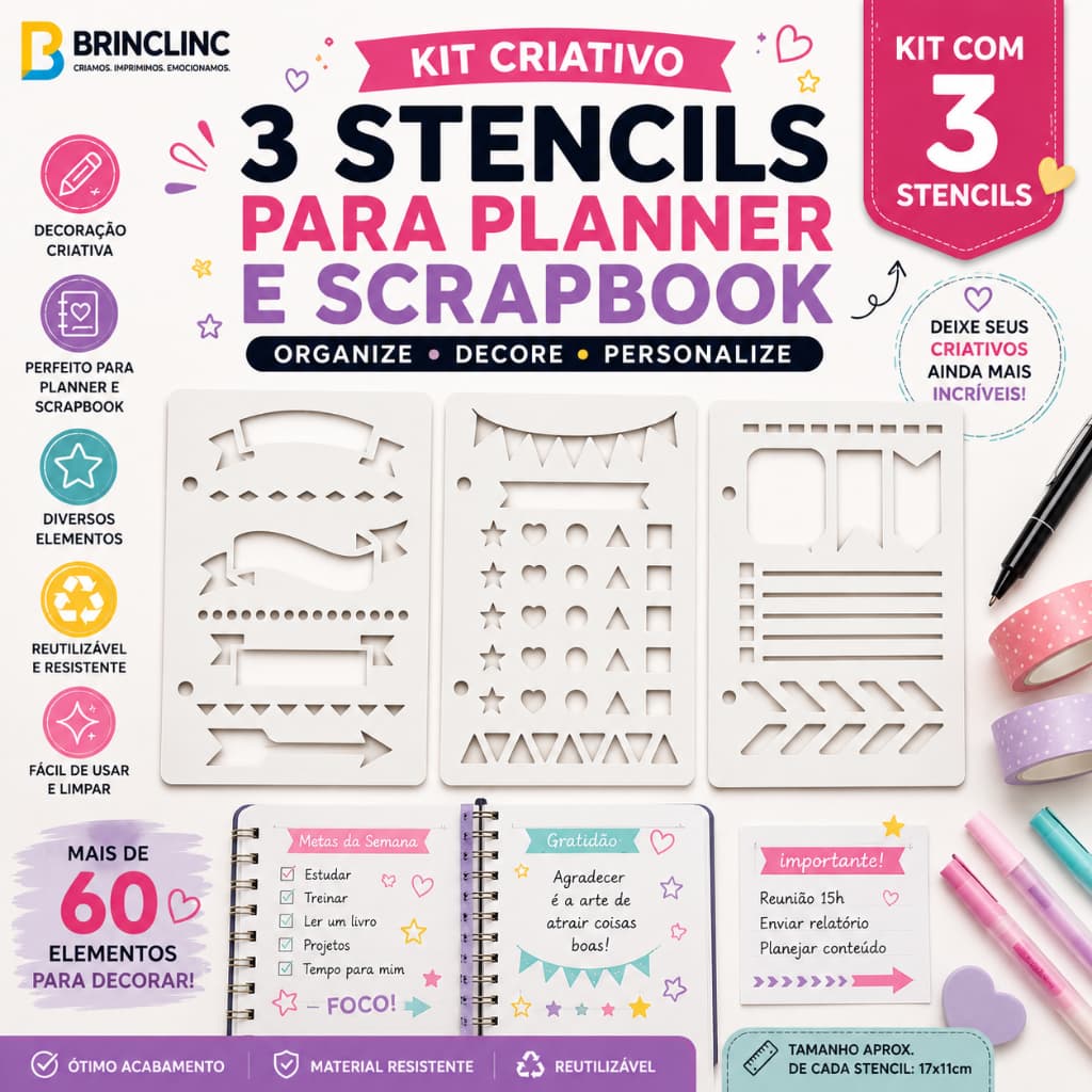 Kit 3 Stencils Planner e Scrapbook Reutilizáveis 14x10cm | Bullet Journal | Lettering | Brinclinc