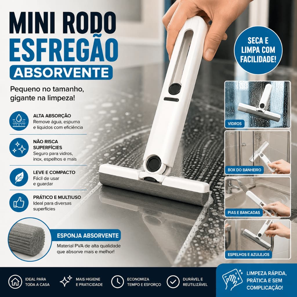Mini Rodo Esfregão Absorvente Multiuso Limpa Vidros Pia Bancada Espelho Cozinha Banheiro Compacto