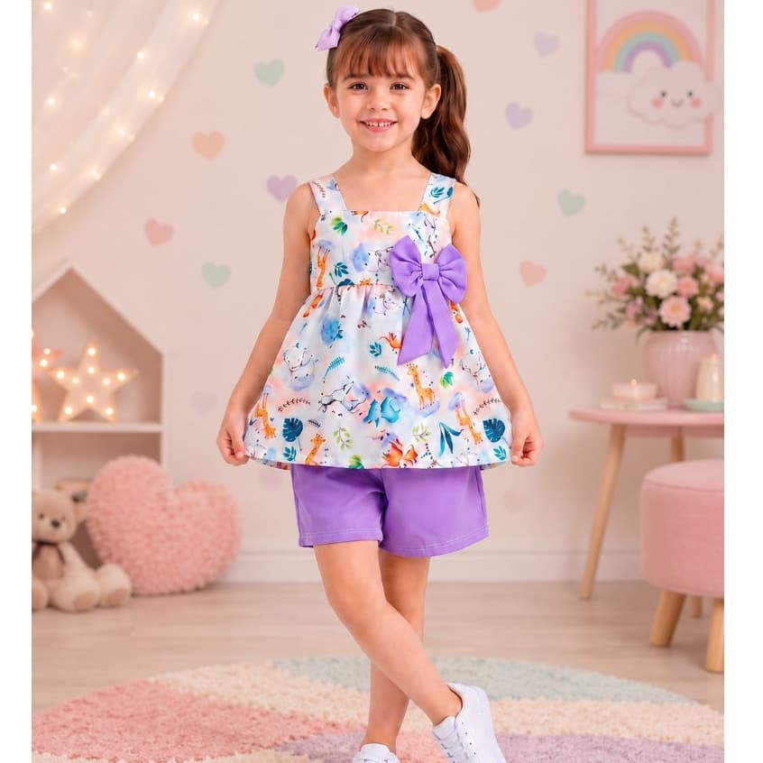 Conjunto Infantil Menina,Safari, Blusa Estampada com Laço + Short Lilás, Verão, Passeio.