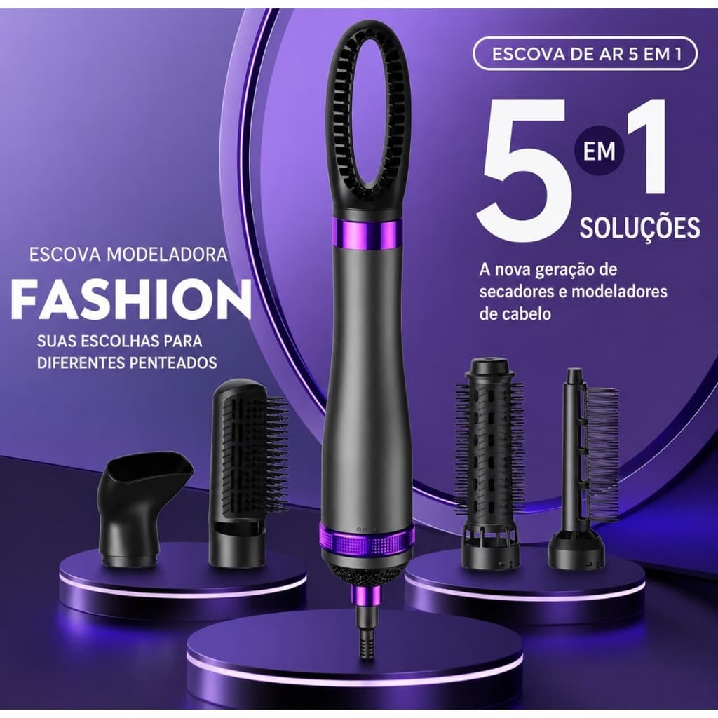 Escova Secadora de Cabelo 5 em 1 220V com Escovas Modeladoras Ar Frio Íons Negativos