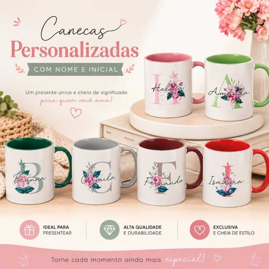 Caneca Personalizada com Nome e Inicial Floral |  Porcelana 325 ml