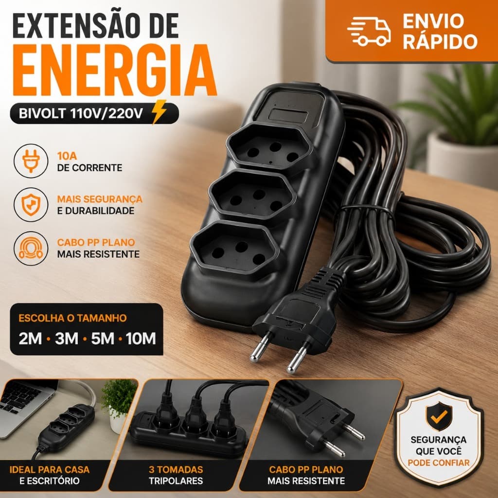 Extensão elétrica de 2 metros, extensão de energia com 3 tomadas, 3 metros, 5 metros e 10 metros
