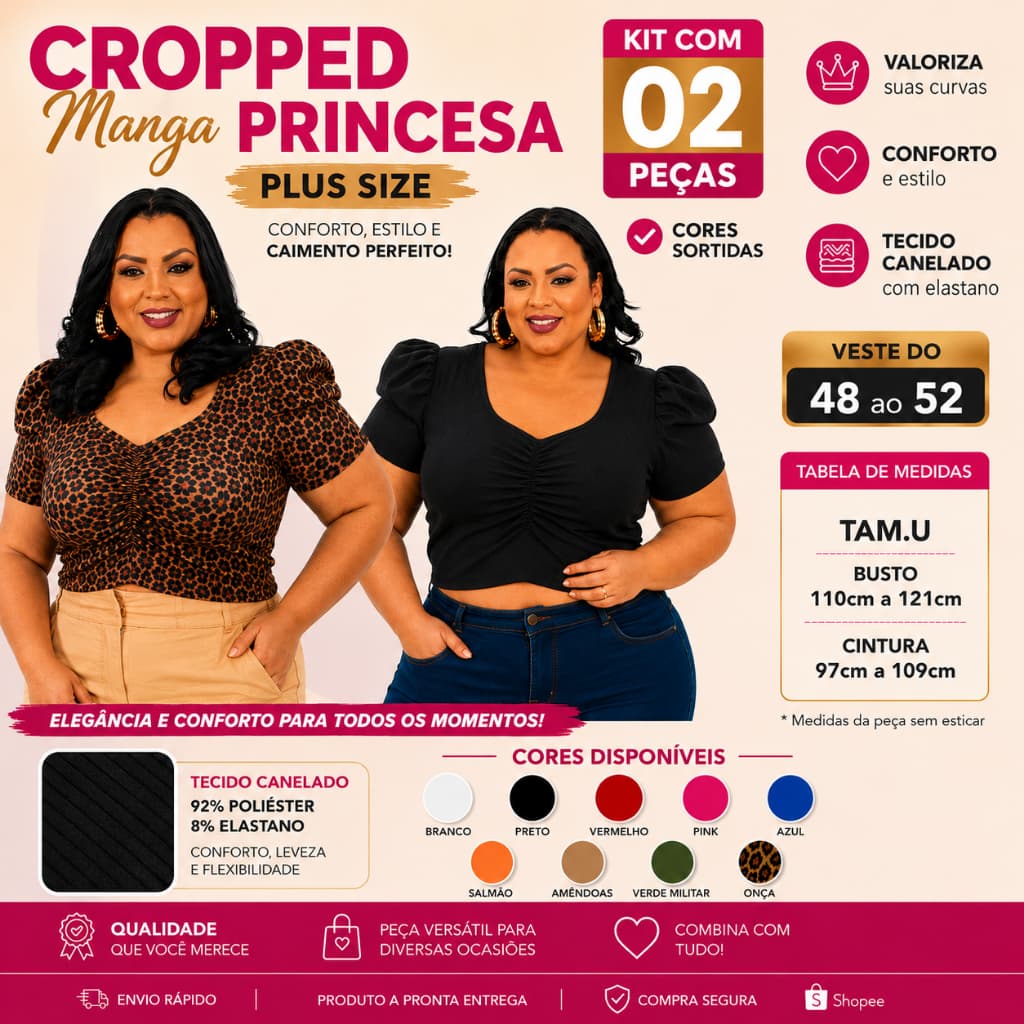 Kit 2 Cropped Manga Princesa Plus Size Reforçado xxg 48/52
