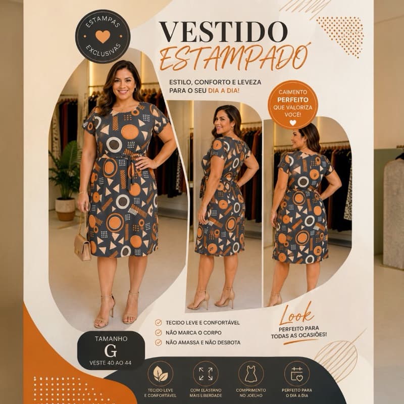 Vestido Feminino  Manga Curta Estampado Malha Confortável básico Dia a Dia Moda Evangélica G