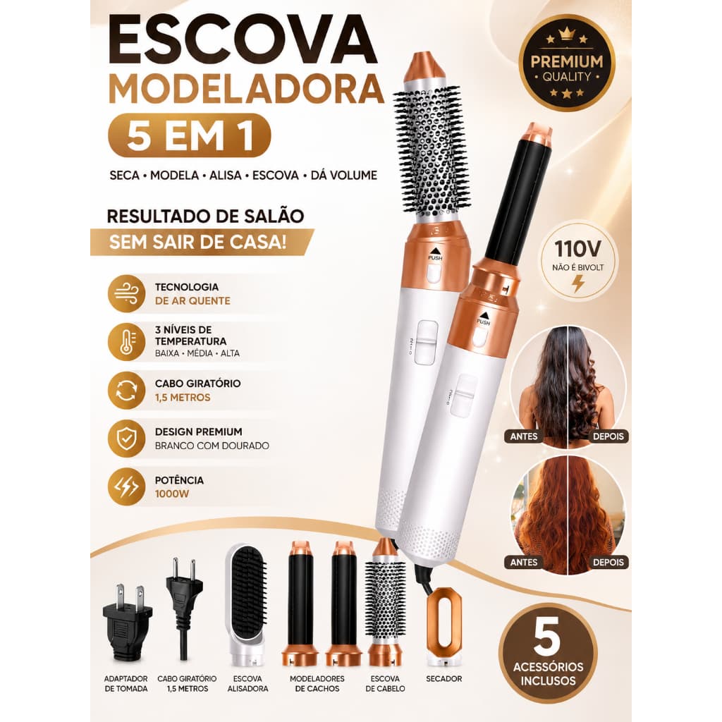 Secador e Modelador Premium escova de cabelo de ar quente 5 em 1 - 110V