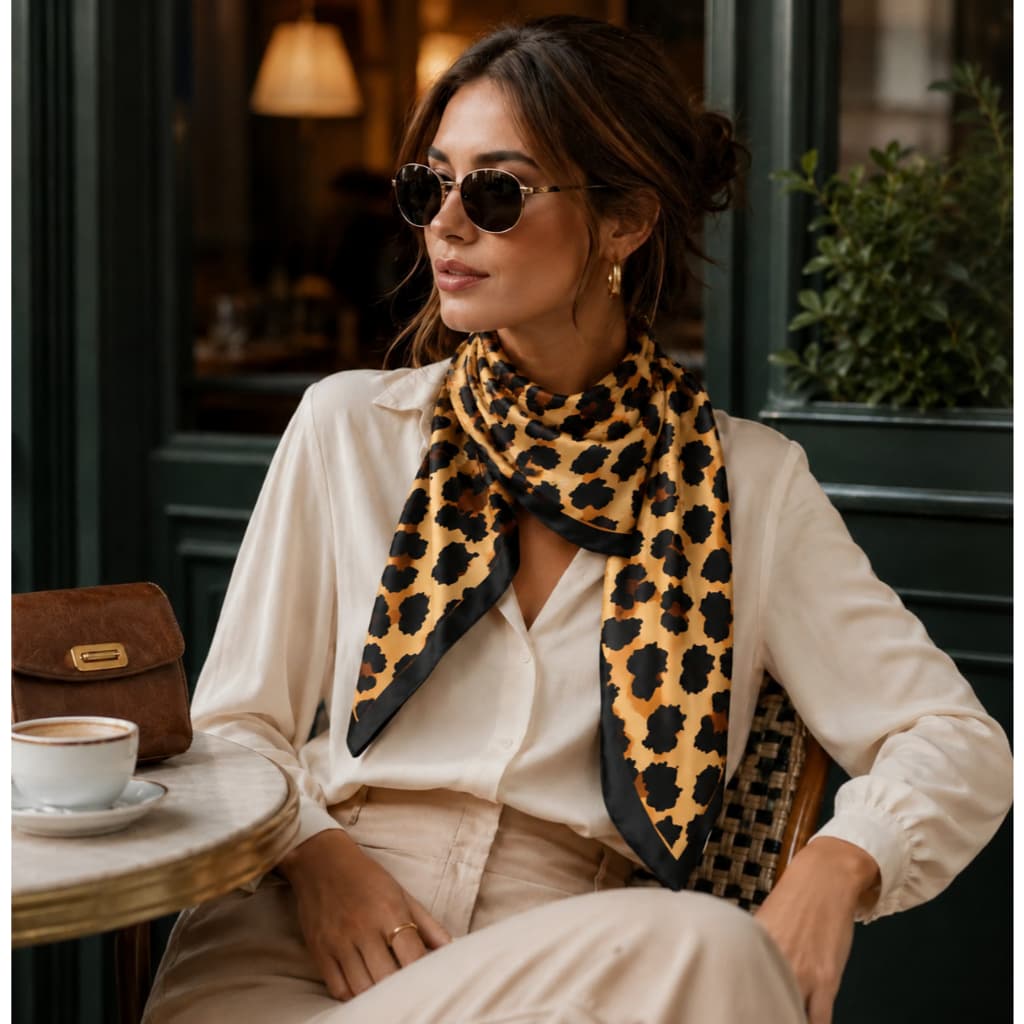 Lenço Cetim Feminino Animal Print Onça 90x90 cm Poliéster Quadrado Elegante Macio para Cabelo Pescoço Bolsa Echarpe