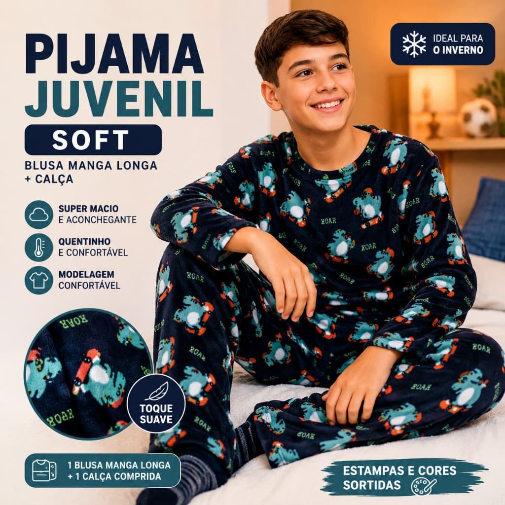 Pijama Juvenil Menino Soft Inverno Fleece Pelúcia Ultrasoft Inverno Blusa Manga Longa e Calça Quentinho