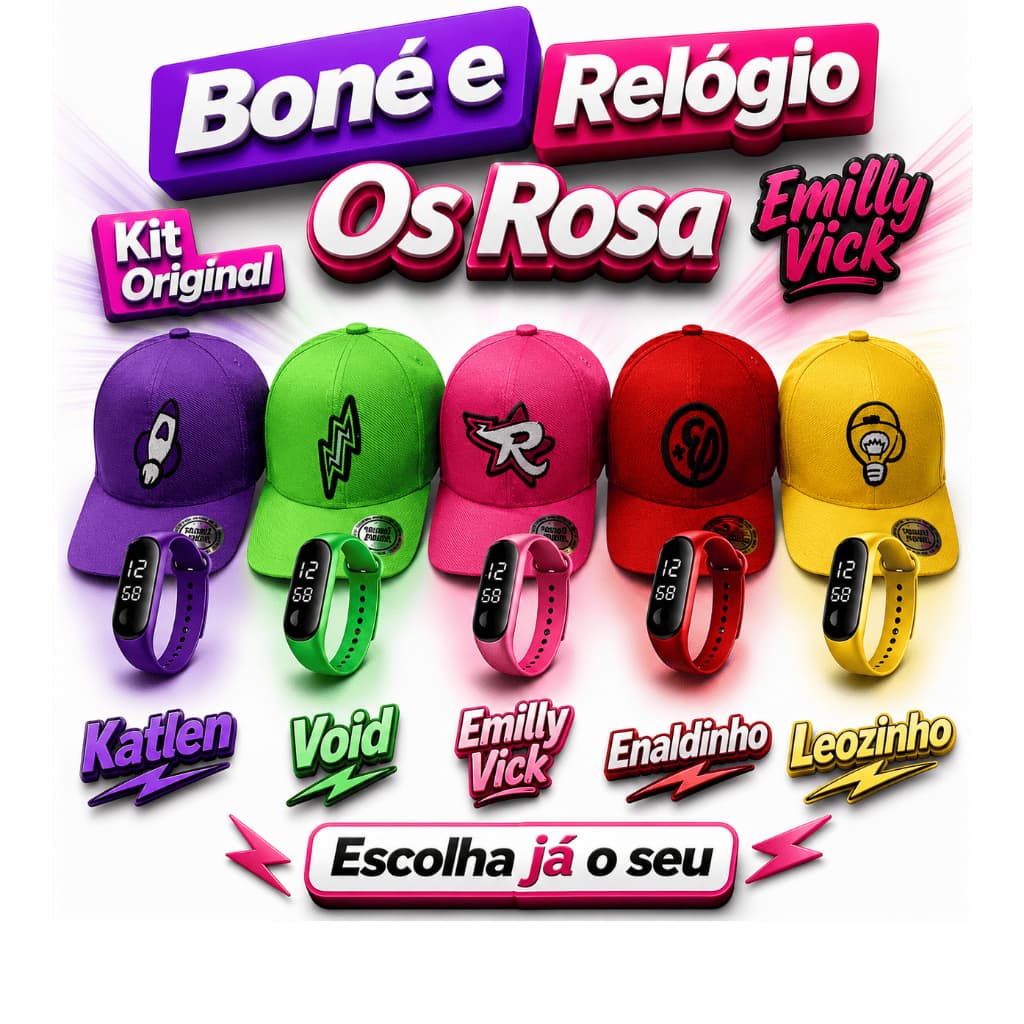 Kit Boné Chapéu e Relógio Digital Infantil e Juvenil Emilly Vick Os Rosas Criança Menino Menina