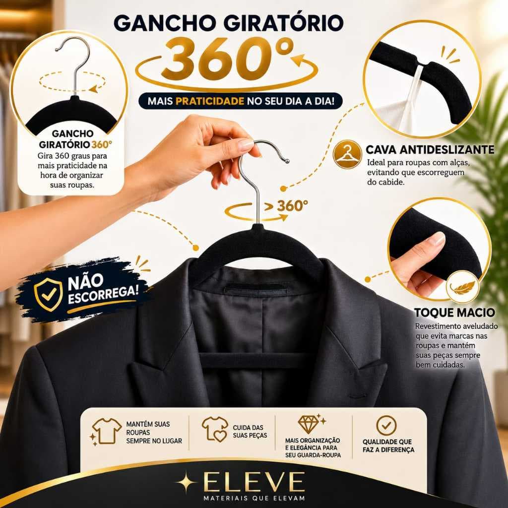 Kit 100 Cabides de Veludo Antideslizante com Gancho Giratorio  Para Blusas e Camisas