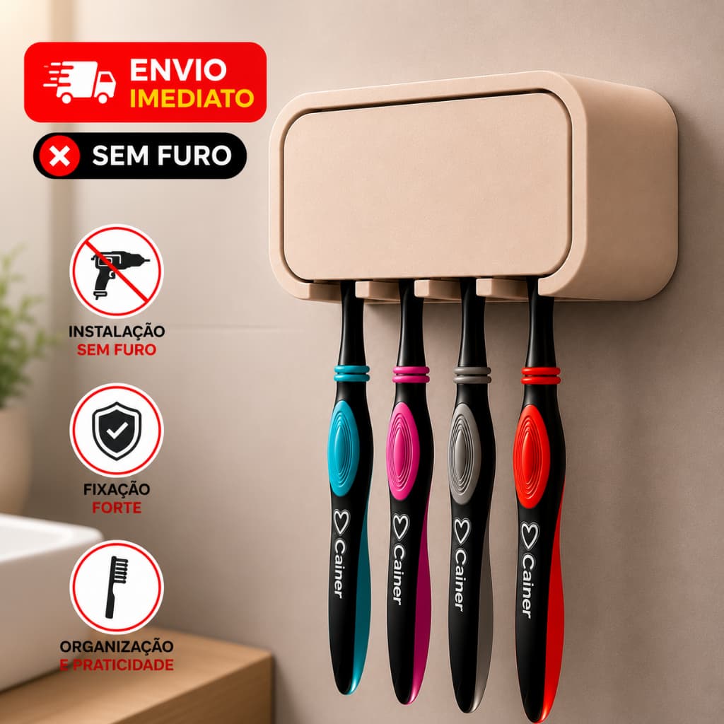 Porta Escovas de Dente Parede | Sem Furo | Suporte Para 4 Escovas Com Fita Dupla Face Forte | Banheiro