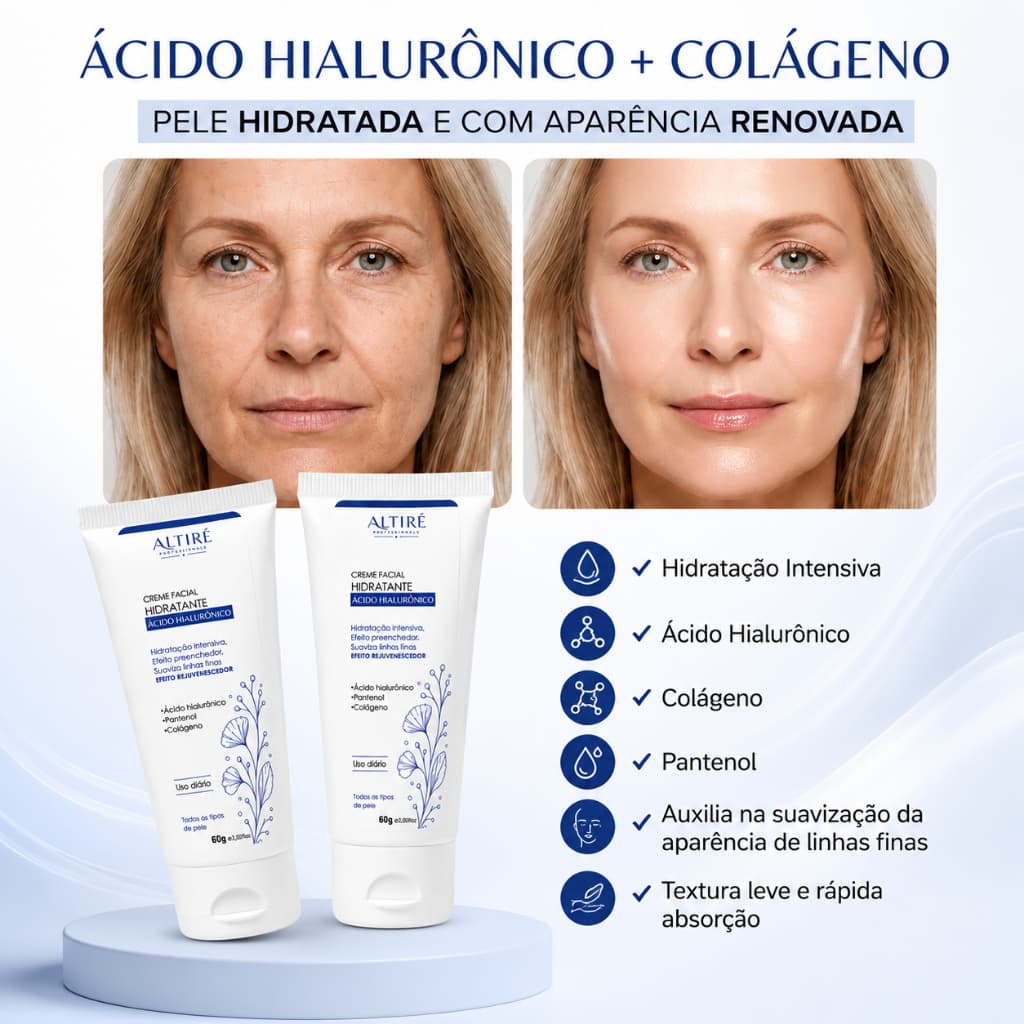 Creme Facial Hidratante Ácido Hialurônico Altiré 30g e 60g Antiidade Colágeno Panthenol Original