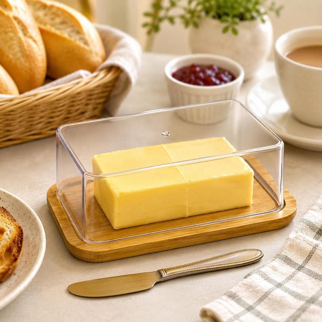 Manteigueira de Bambu com Tampa de Acrílico Alimentos Cozinha casa mesa Casa Armazenamento