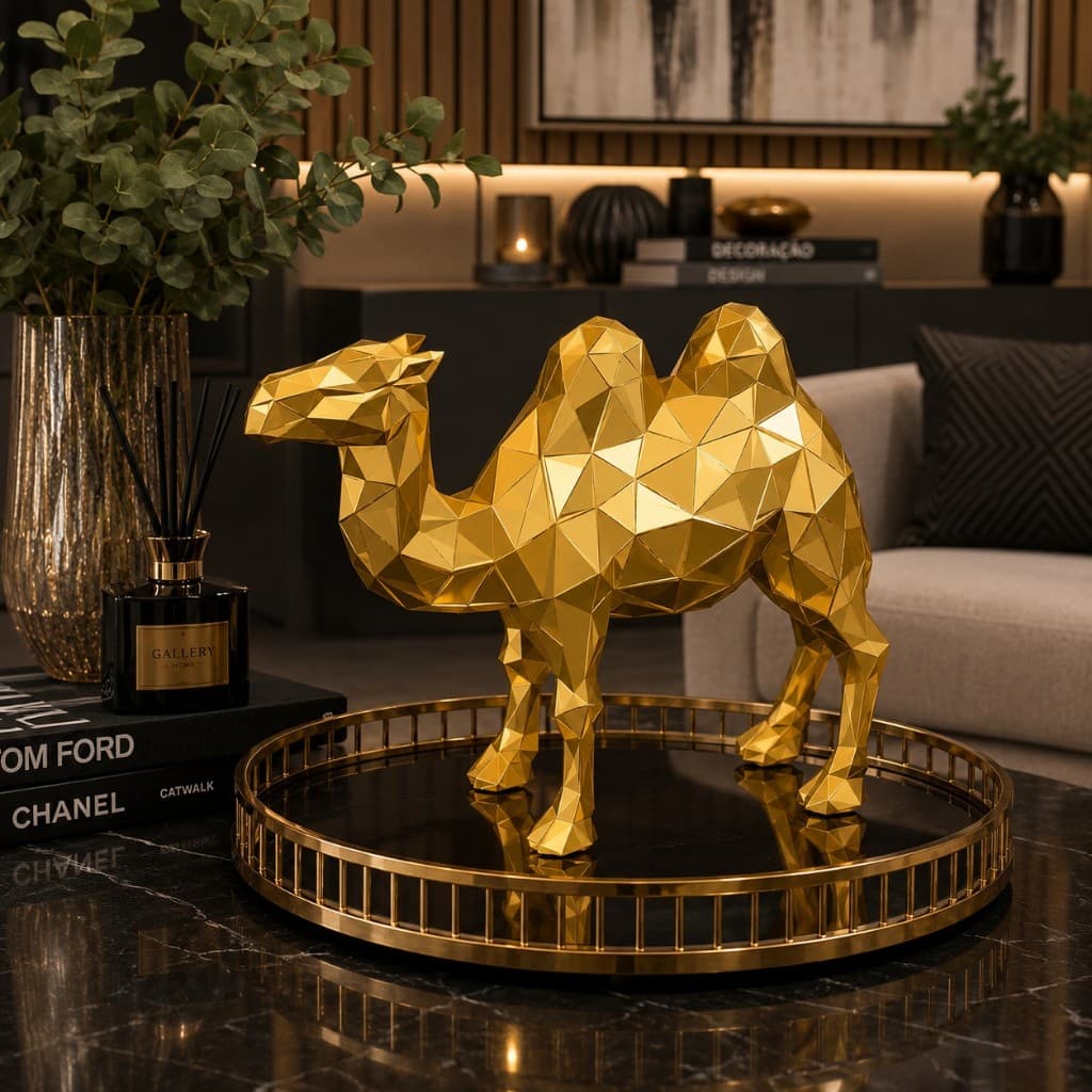 Escultura Decorativa Camelo Geométrico Low Poly Bege Areia Dourado Mesa de centro prateleira decoração luxo moderno rico