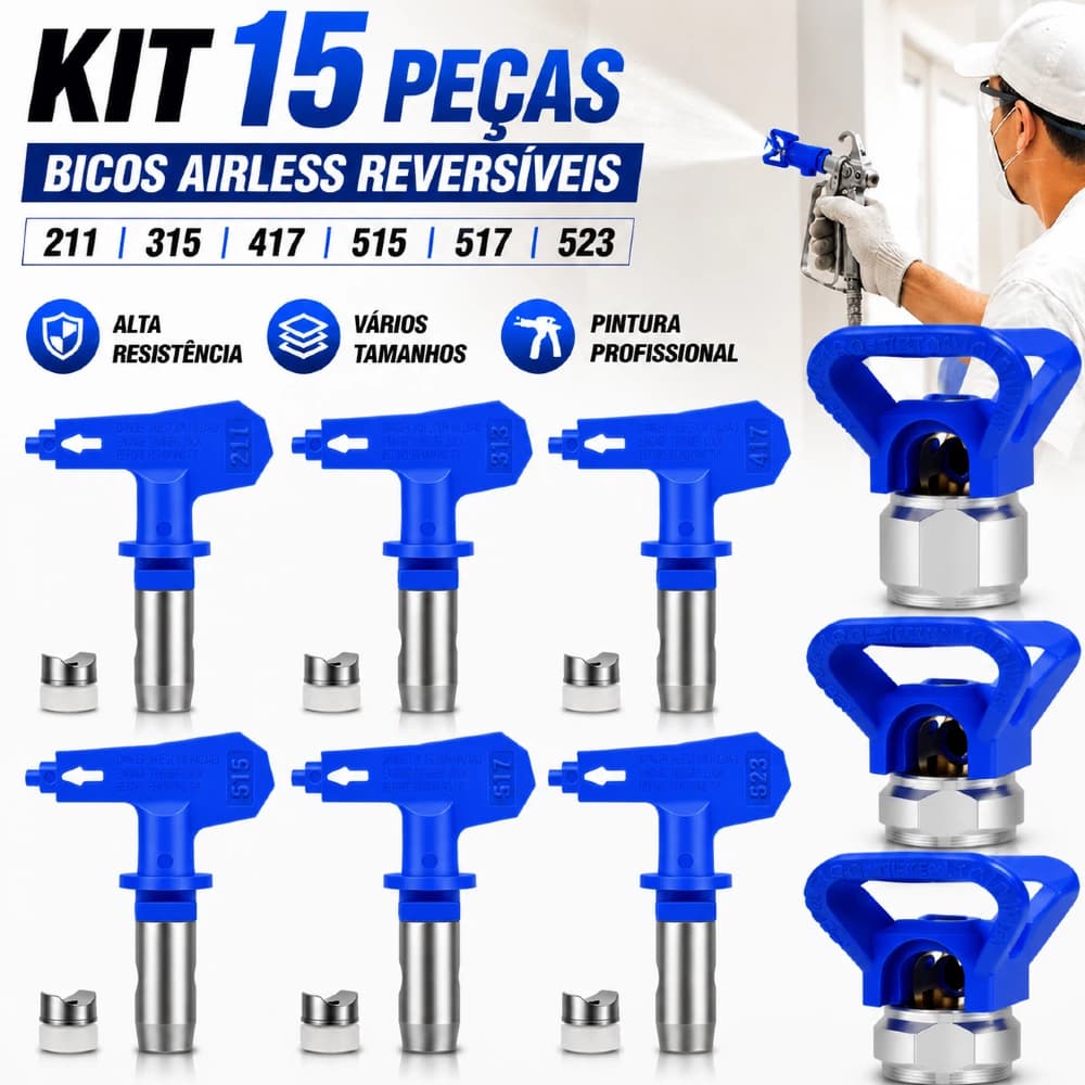 Kit 15 Peças Bicos Airless Reversíveis 211/315/417/515/517/523 Alta Resistência para Pulverizador de Tinta