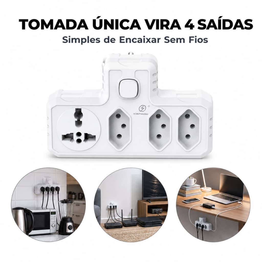 Adaptador de Tomadas Múltiplas de 2500W 10A 14,5cm (BOTÃO LIGA E DESLIGA)