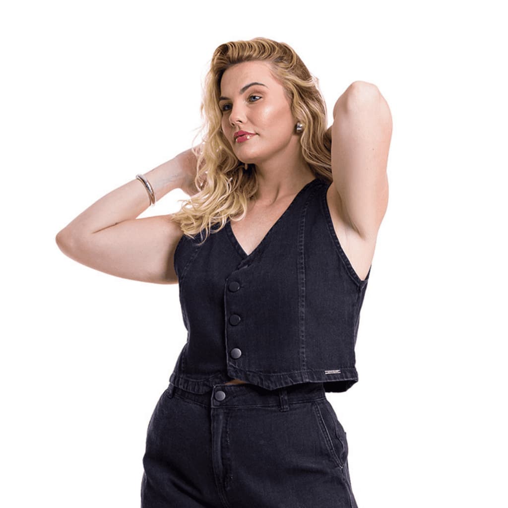 Colete Curto Feminino Moda Plus Size Jeans Black Estonado Social