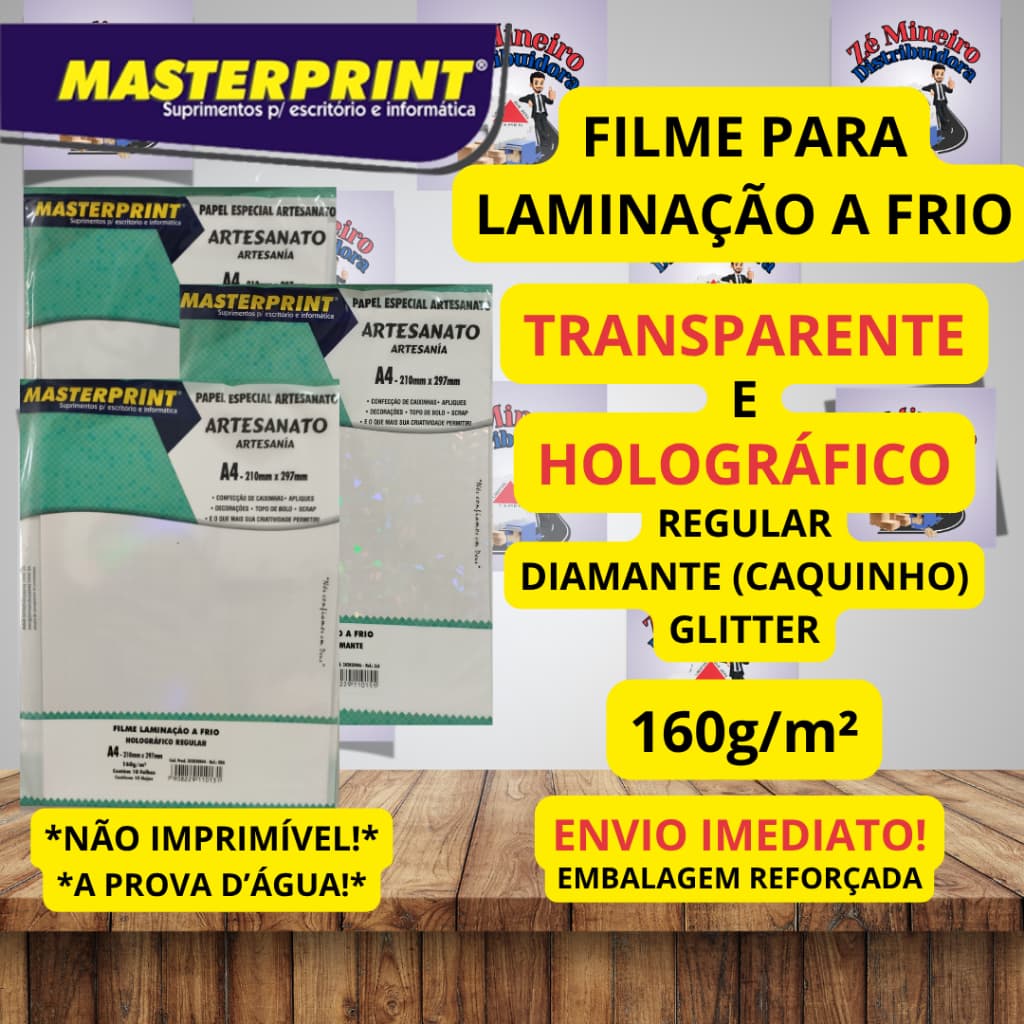 Filme para Laminação a Frio 160g A4 Transparente e Holográfico Masterprint