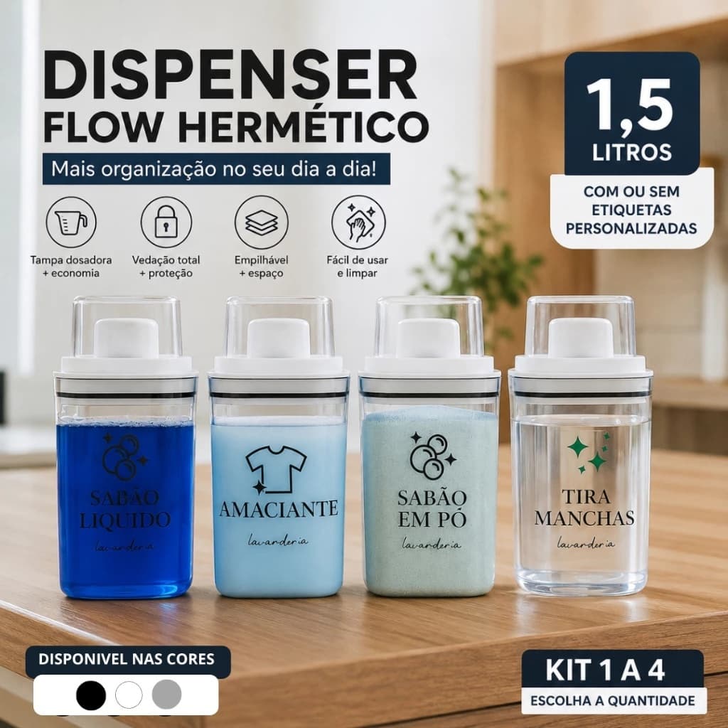 Kit 1 a 4 Dispenser Flow 1,5 Litros Porta Sabão Líquido Amaciante Percarbonato Organizador Lavanderia