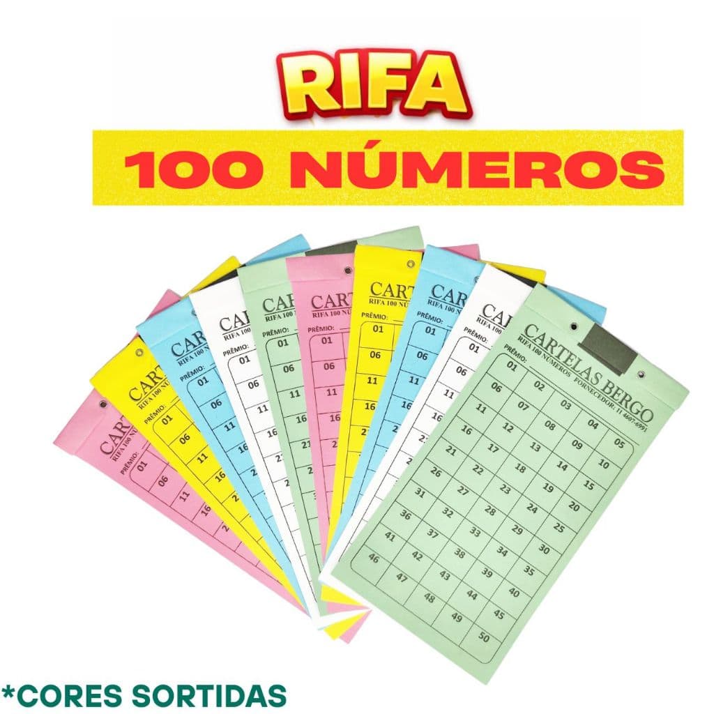 5 10 20 50 Cartelas Rifa Sorteio 100 Números Coloridas Bingo Evento Pronta Entrega Qualidade Prêmio