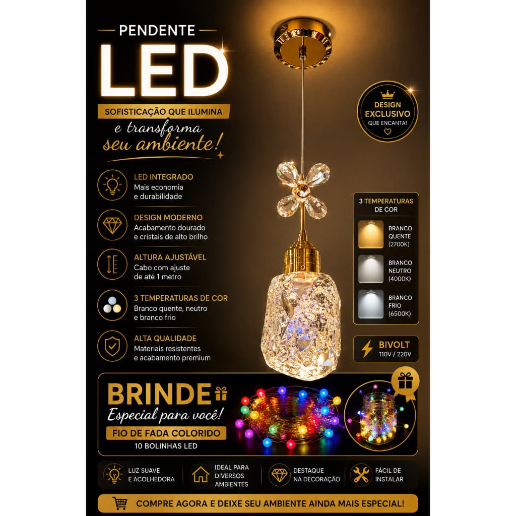 PENDENTE LED CRISTAL DIAMOND PREMIUM